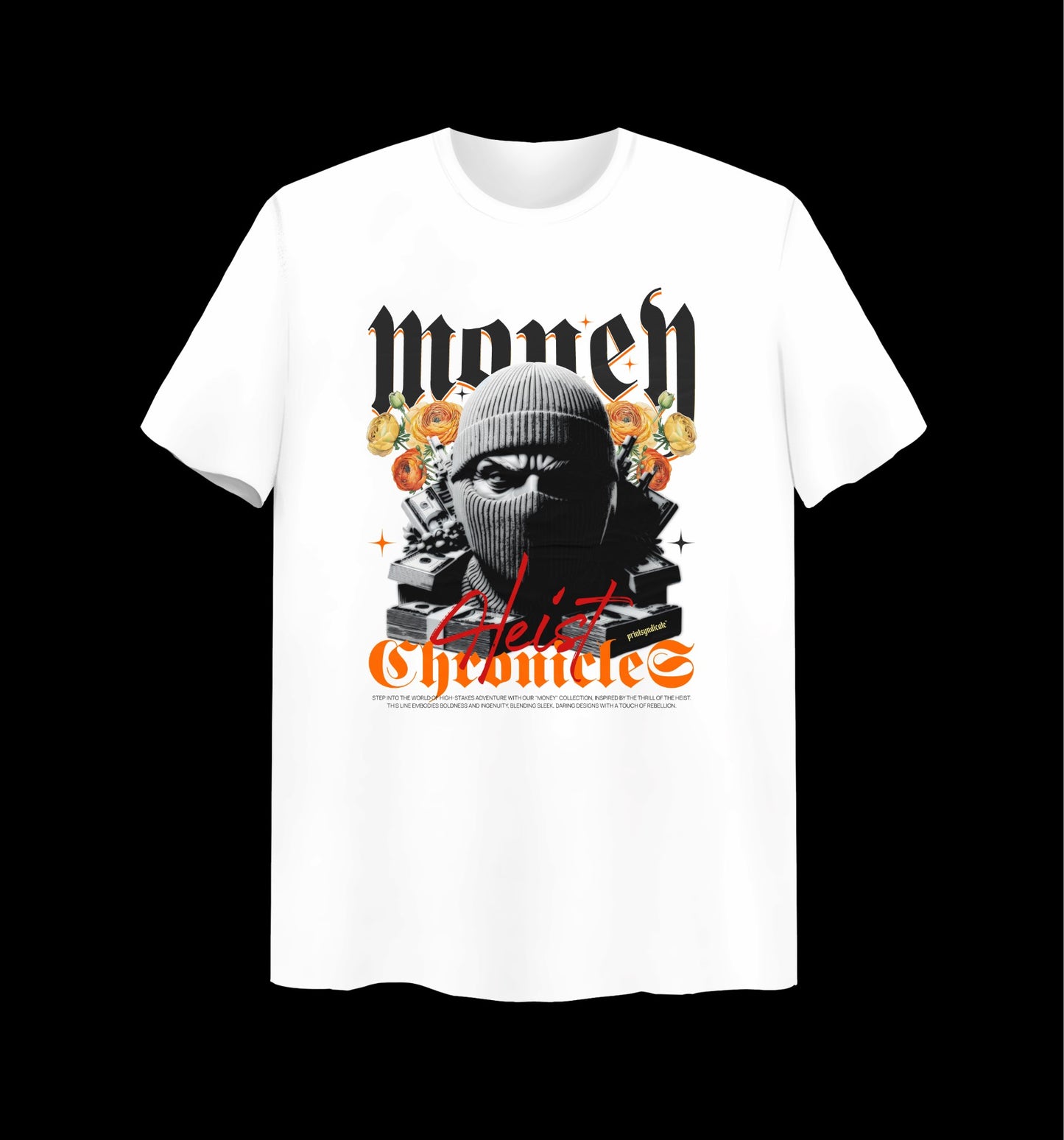 Weißes T-Shirt mit Heist Chronicles Design