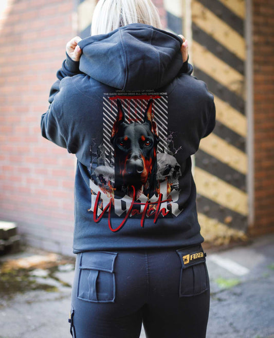 Schwarzer Hoodie mit individuellem Dark Watch Design 