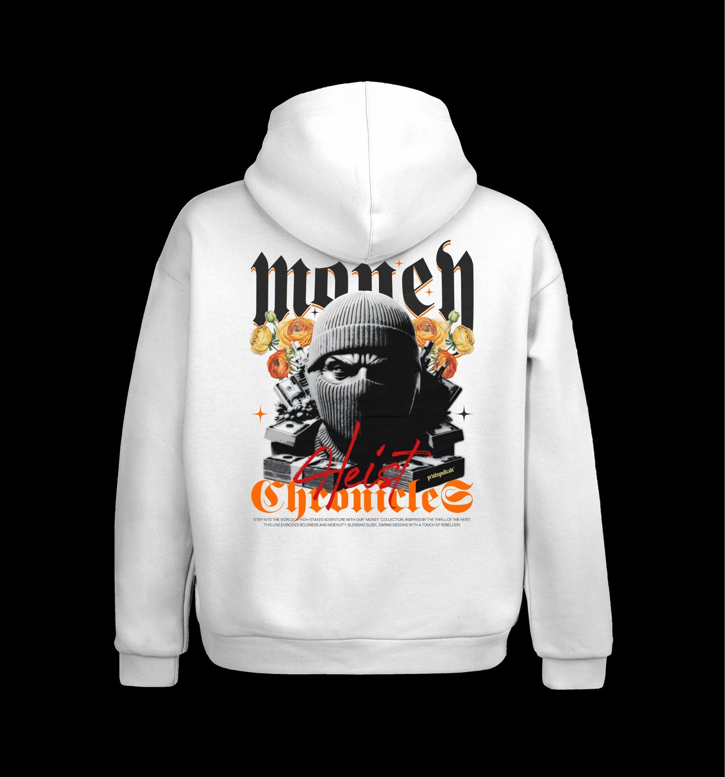 Weißer Hoodie mit Heist Chronicles Design