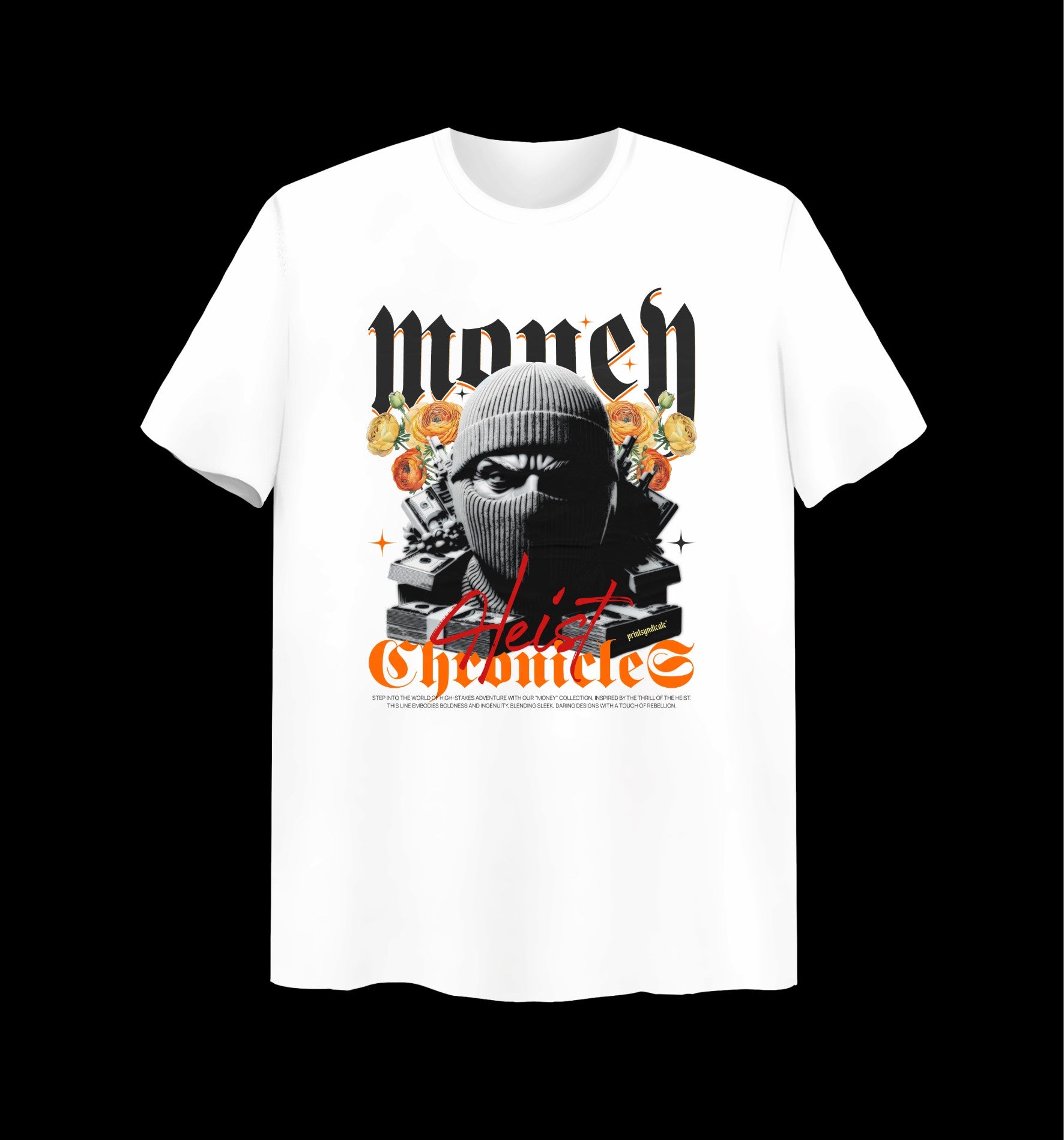 Weißes T-Shirt mit Heist Chronicles Design